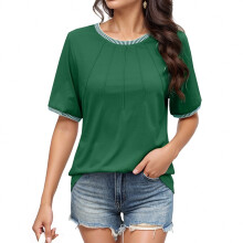 Damestopjes met korte mouwen, geplooide shirts, zwierige blouses, zakelijke casual zomerse trendy T-shirts, groen XXL