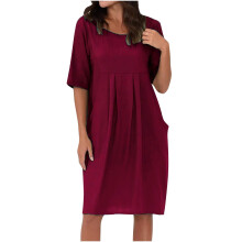 Robe midi plissée en coton et lin grande taille pour femme, manches courtes, avec poches