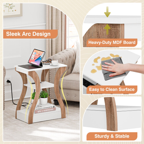 Arc End Table with Charging Station White 3-Tier 1