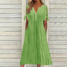 Robes d'été pour femmes 2025 - Robe midi à manches courtes et œillets, col en V, cache-maillot de bain, robe de plage avec poches