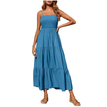 Robe longue d'été pour femme, style bohème, bretelles spaghetti, smocks et volants, sans manches, bleue, taille 4XL – Compatible avec 2024styles