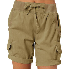 Shorts de praia femininos Aoujea em algodão e linho, cintura alta com cordão, cor lisa, bolsos, tamanhos P a 3XG — Verão 2025