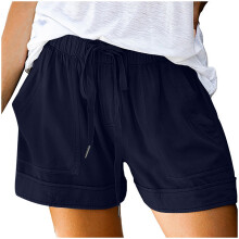 Shorts femininos azul-escuros de algodão com cordão, cintura alta, estilo casual para praia e loungewear, com bolsos – compatíveis com os