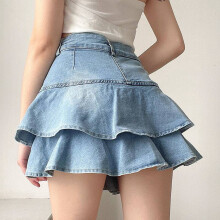 YOUSNH Spicy Girl Ruffle Edge Denim Nederdel Dame Retro Kagenederdel Højtaljet Slim Kort Nederdel Nederdele til Kvinder Lyseblå XL