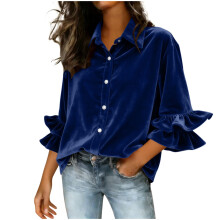 Chemisier à volants uni pour femme, manches 3/4, fermeture boutonnée sur le devant, coupe ample, en polyester doux – Idéal pour une tenue