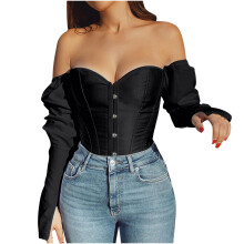 Off Shoulder Corset Tops with Sleeves for Women 2025 Fashion Plus Size Boned Corsets Long Sleeve Solid Sexy Underwear Shapewear Black
