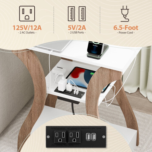 Arc End Table with Charging Station White 3-Tier 2