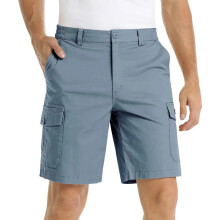 Bermuda cargo masculina com vários bolsos, cintura elástica, botão e zíper, estilo casual esportivo, comprimento até o joelho, tamanhos P-4XG