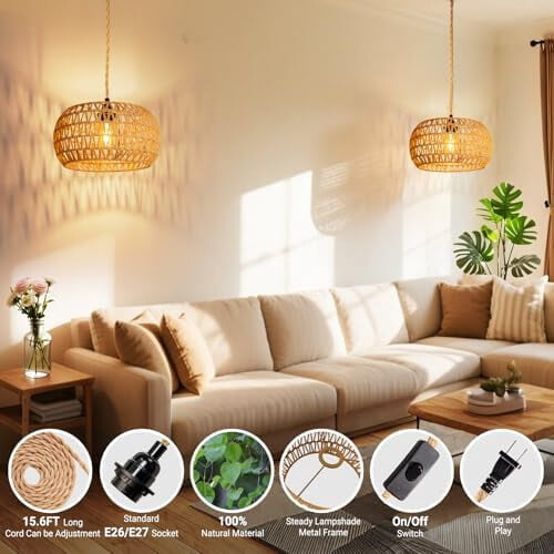 Rattan Hanging Pendant Light with 16.4ft Plug-in Cord 2