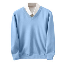 Men's Fashionable Tops Fall Winter Trendy Solid Color Pullover V-Neck Knitted Long Sleeved Slim Sweaters Suitable for Daily Wear(Light Blue,M)