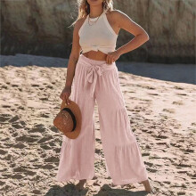 Pantaloni palazzo da donna estivi a vita alta in cotone e lino, modello svasato, ideali per la spiaggia, lunghi e comodi, colore rosa, taglia XXL.
