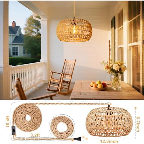 Rattan Hanging Pendant Light with 16.4ft Plug-in Cord 1
