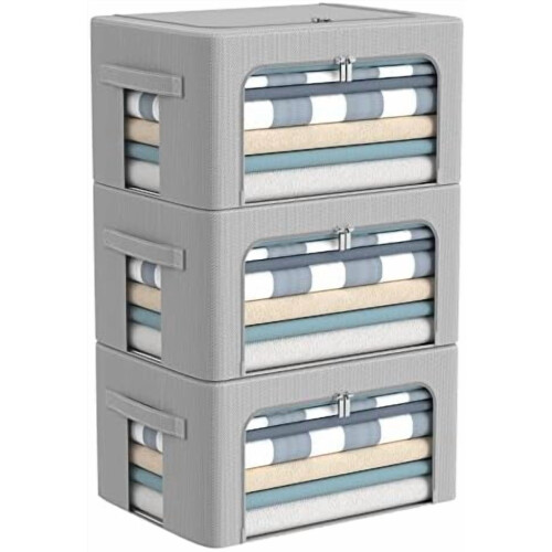 3-Pack Foldable Frame Storage Boxes, Oxford Fabric with Clear Window & Handles, 22L Each, Grey