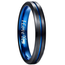 Anillo de tungsteno negro de 4 mm para hombre y mujer, unisex, con diseño de surco azul, alianzas de boda grabadas con la inscripción "Te amo",