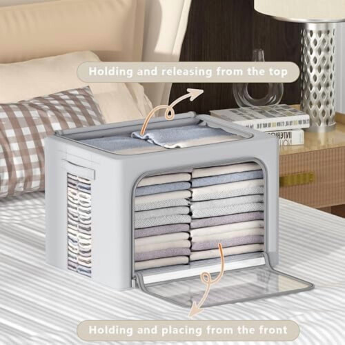 3-Pack Foldable Frame Storage Boxes, Oxford Fabric with Clear Window & Handles, 22L Each, Grey 1