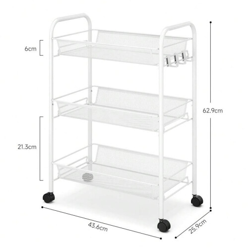 Metal Rolling Cart3-Tier with Mesh Wire and3Hooks 2