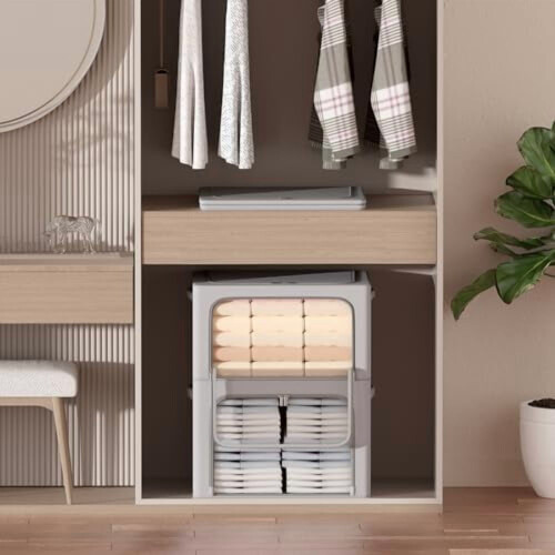 3-Pack Foldable Frame Storage Boxes, Oxford Fabric with Clear Window & Handles, 22L Each, Grey 2