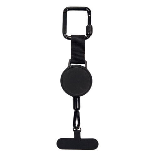 Cordão retrátil para celular com proteção contra roubo e quedas, ideal para trilhas e acampamentos.