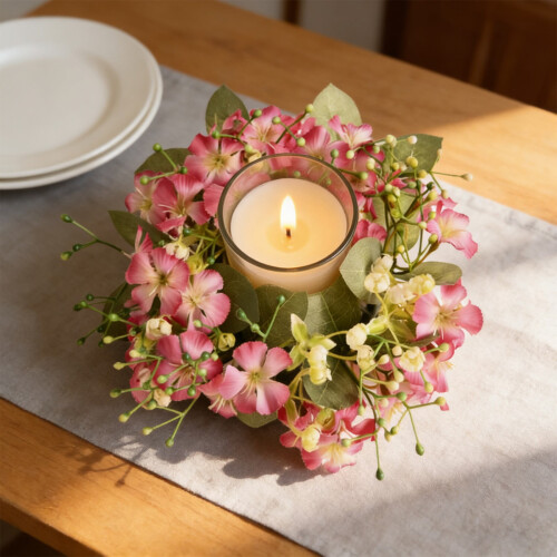 Artificial Hydrangea Candle Ring Wreath Rose Pink 1
