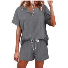 Modieuze casual damestops met korte mouwen en knoopjes, effen, nachtkleding, shorts, tweedelige pyjamasets voor dames met een maatje meer, tot 65%