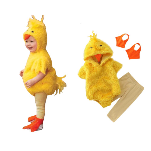 Conjunto de macacão com capuz, calça e mangas para os pés com tema de galinha.