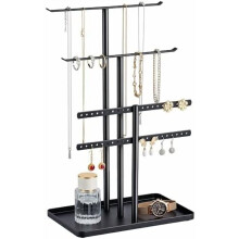14,5 Zoll (ca. 37 cm) hoher, dreistöckiger Schmuckständer für Halsketten, Ohrringe, Armbänder und Ringe – Stabiler Metallaufhänger, schwarzes