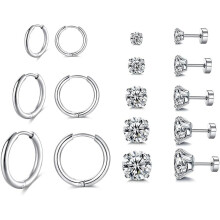 8 Pairs 316L Stainless Steel Flat Back Stud Earrings Lightweight Small Hoop Earrings Set for Women Men, Silver