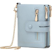 Women's Small RFID Bifold Leather Wallet with Wristlet Chain, ID Window, Multi-Card Slots & Double Zipper Coin Pocket (Blue)