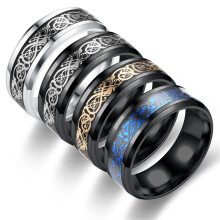 Herrering Glanset Enkelt Smykketilbehør Dragemønster Glødende Ring for Dating, Svart og Blå