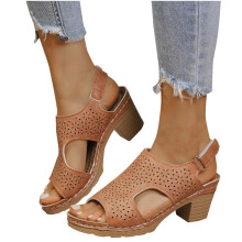 Bequeme Damensandalen, Damensandalen, Keilsandalen mit Absatz, offener Zehenpartie, Schnürung und Knöchelriemen, braun, Größe 7,5