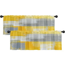 2 db-os sárga és szürke absztrakt modern függönyfüggöny, sötétítő, állítható, 45x132 cm, rúdzsebbel, nappaliba/konyhába –