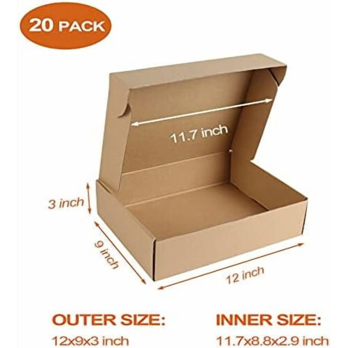 Caixas de envio marrons de 12x9x3 polegadas (pacote com 20), com fecho de aba e aba, ideais para embalagens de pequenas empresas e envio de presentes. 1