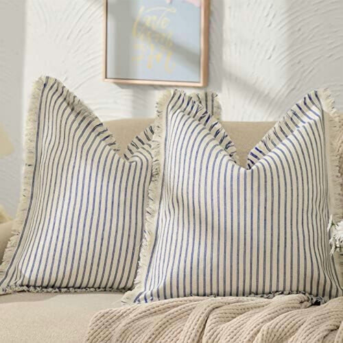 Housses de coussin rayées en coton, à franges, 30 x 50 cm, lot