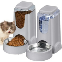 Portable Auto Cat Feeder & Water Dispenser w/ Stainless Bowl, Gravity Dog Feeder, 1 Gal x 2, for Small/Medium Pets, Puppy/Kitten (Silver Gray)