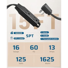 15FT Flat Plug Extension Cord, 3-Prong Ultra-Thin Power Strip, 13A/125V/1625W, SPT-3, ETL Listed, Black – Compatible with Indoor Narrow Spaces