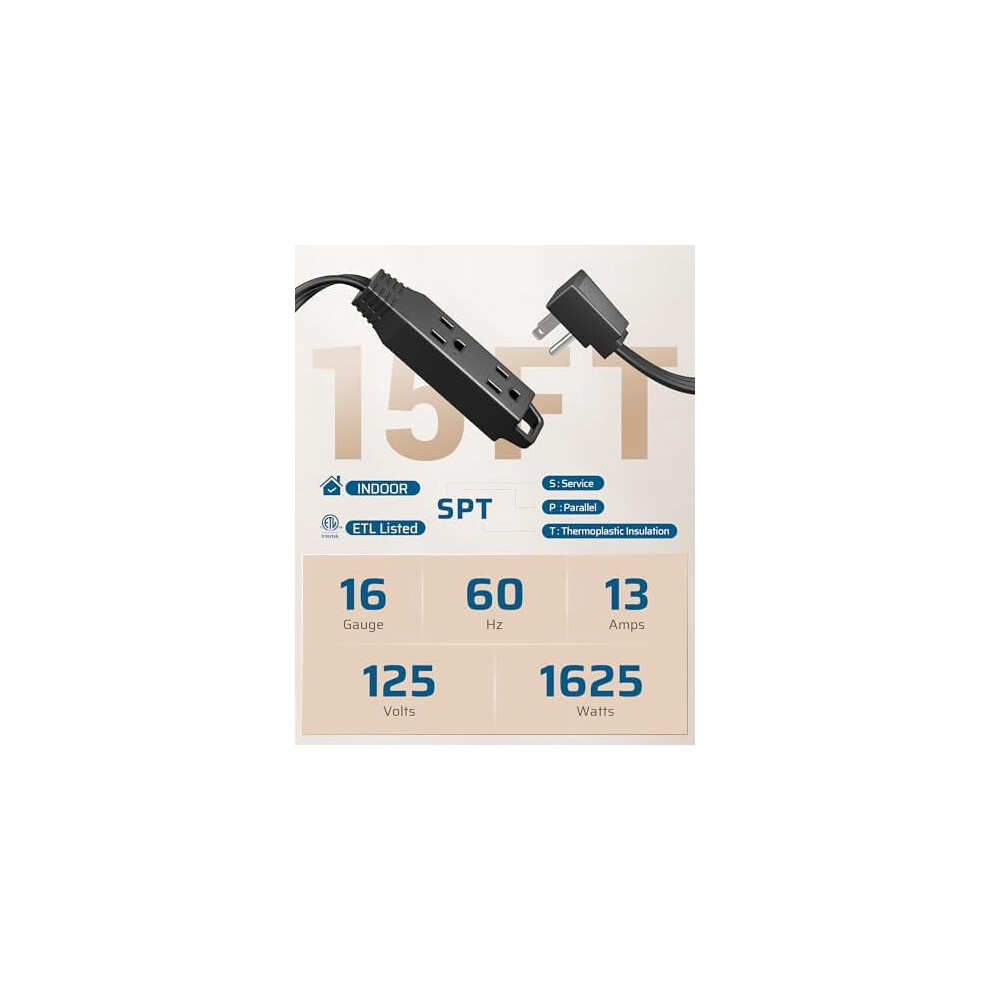 15Ft Flat Plug Extension Cord, 3-Prong Ultra-Thin Power Strip, 13A/125V/1625W, Spt-3, Etl Listed, Black Â Compatible With Indoor Narrow Spaces 9353595281622