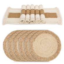 Boho Woven Placemats Set of 6 - Handmade Cotton Burlap and Water Straw Woven Combination Table Mats for Dining Table Decor