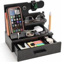 Docking station per telefono in legno con cassetto – Organizer da comodino/scrivania, portachiavi e porta orologi, regalo di