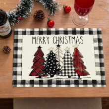 6PCS Watercolor Grey Buffalo Plaid Placemats, Christmas Trees Placemats Set of 6, 12x18 Inch Winter Table Mats for Party Kitchen Dining Decoration