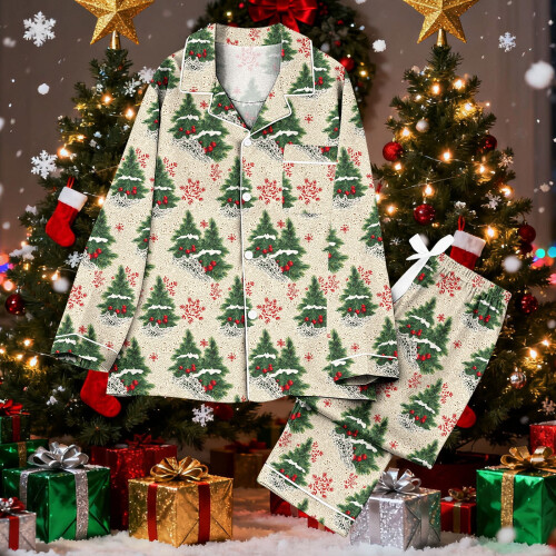 Conjunto de pijama de Natal feminino com blusa de manga comprida combinando e 1
