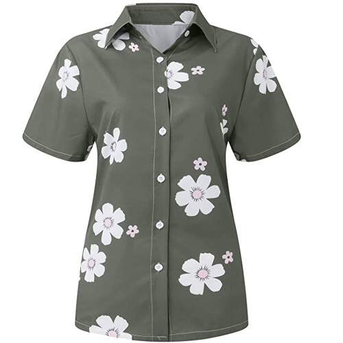 Γυναικεία Πουκάμισα QLEICOM με V-Neck και Κουμπιά, Μπλούζες με Κοντά Μανίκια και Φλοράλ 2