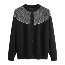 Cardigã feminino de tricô com bordado de urso, gola redonda, frente aberta – estilo outono/inverno (tamanho único)