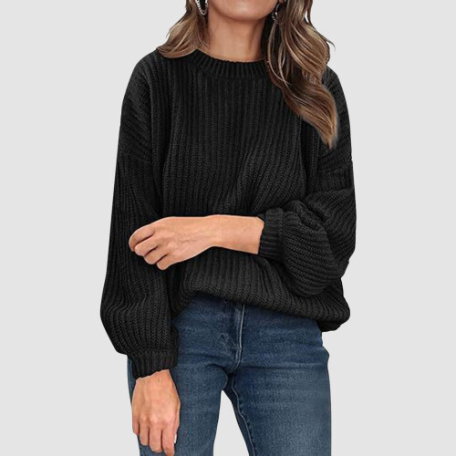 Γυναικείο μαύρο oversized πλεκτό πουλόβερ με ριμπ ύφανση, με μακριά μανίκια και 1