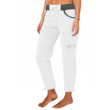 Calça cargo feminina de cintura alta e comprimento total, branca, modelagem solta, com vários bolsos, ideal para uso casual ao ar livre – Tamanho