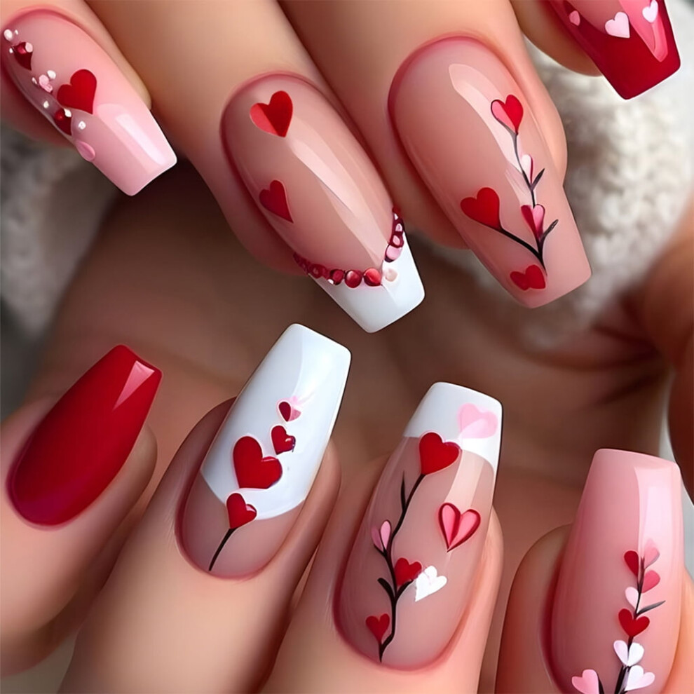 24pcs Long Coffin Press on Nails Valentine's Day False Nails French Tips Stick on Nails For Women Manicure Nails Art