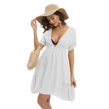 Women's Short Sleeve Deep V Neck Beach Coverup Dress with Drawstring Waist, Backless Bikini Cover Up – S-2XL, Compatible with Summer Swimwear