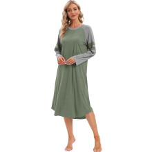 Damesnachthemd met lange mouwen, losvallend slaapshirt tot halverwege de kuit, ronde hals, zachtgroene loungewear – geschikt voor lente/herfst,