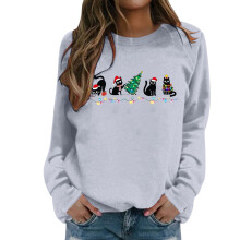 Damen-Sweatshirt mit Weihnachtskatzenmuster, langärmelig