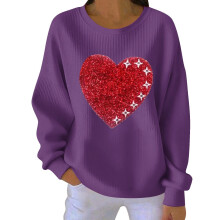 Damen-Sweatshirt mit Herzmotiv zum Valentinstag, gerippt, Rundhalsausschnitt, lang