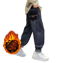 High-Waisted Thermal Lined Jeans for Boys, Loose Wide-Leg Casual Pants, Soft Washed Denim – Navy, Size 9-10
